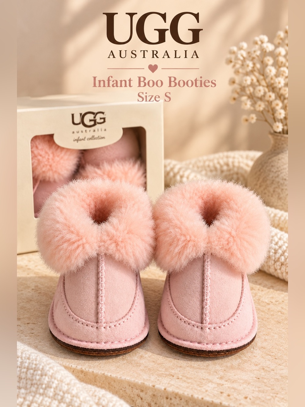 UGG Australia Boo Infant Pink Sheepskin Fur Cuff Booties Size